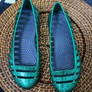 Crocs Adrina II Girl's Green Glitter Flat Shoes Jelly Ballet Size  3